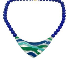 Statement Necklace Ocean Wave Vintage 80s Blue Acrylic Barrel Clasp Beaded Retro